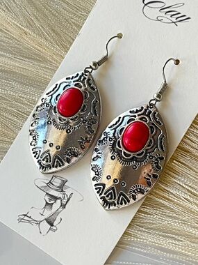 Silver-Tone Earrings with Red Cabochon